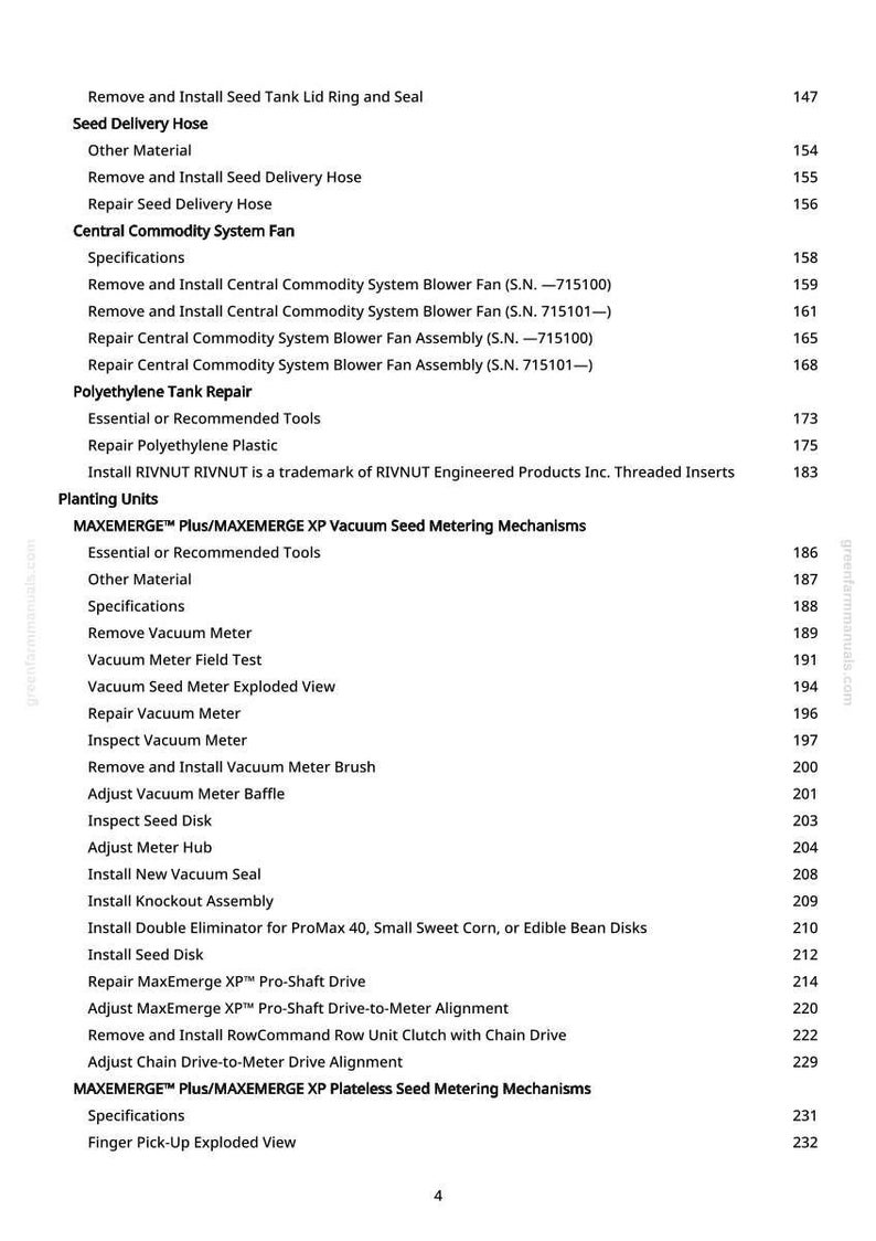 Może przedstawiać: Szczeg&oacute;łowy spis treści z instrukcji, zawierający sekcje takie jak "Seed Delivery Hose", "Central Commodity System Fan" i "Planting Units". Tekst jest czarny na białym tle, z numerami stron po prawej stronie.
