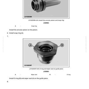 Op de afbeelding: Technische diagram met twee gedetailleerde illustraties van mechanische componenten. De bovenste afbeelding toont een zuiger met een borgring, gelabeld LX1020396. De onderste afbeelding toont een geleidingsstuk met een O-ring en wisser, gelabeld LX1020397.