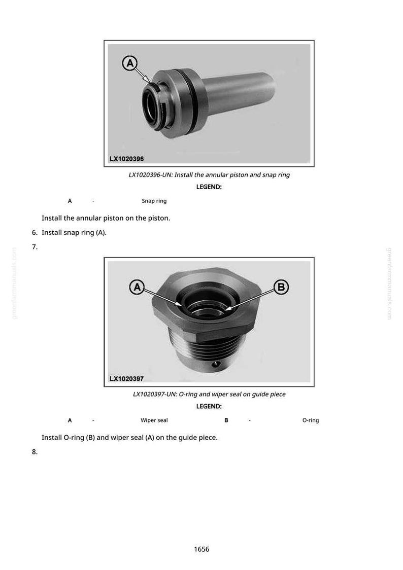 Op de afbeelding: Technische diagram met twee gedetailleerde illustraties van mechanische componenten. De bovenste afbeelding toont een zuiger met een borgring, gelabeld LX1020396. De onderste afbeelding toont een geleidingsstuk met een O-ring en wisser, gelabeld LX1020397.