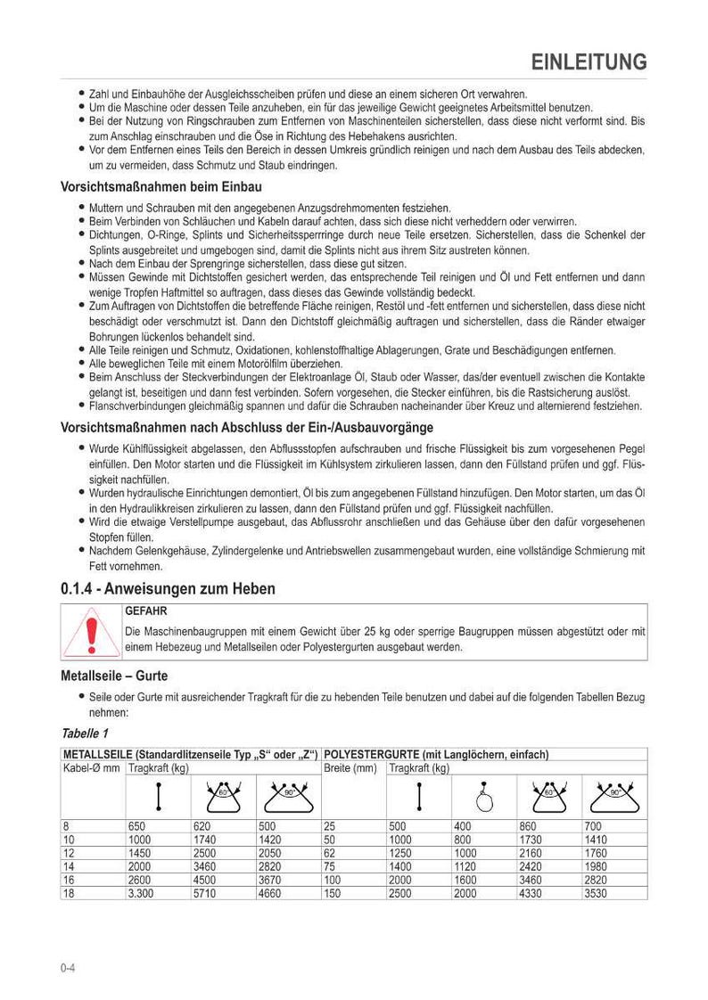 May include: A page from a manual with German text, diagrams, and a table detailing the load capacity of metal cables and polyester straps. The table includes measurements in millimeters and kilograms.