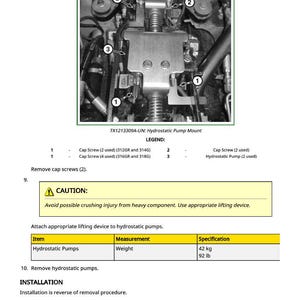 K&ouml;nnte beinhalten: Diagramm einer hydrostatischen Pumpenhalterung mit nummerierten Komponenten und einer Warnung vor Quetschverletzungen. Das Gewicht der hydrostatischen Pumpen betr&auml;gt 42 kg.