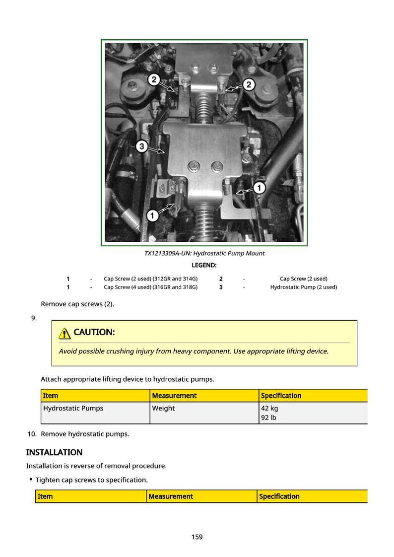 K&ouml;nnte beinhalten: Diagramm einer hydrostatischen Pumpenhalterung mit nummerierten Komponenten und einer Warnung vor Quetschverletzungen. Das Gewicht der hydrostatischen Pumpen betr&auml;gt 42 kg.