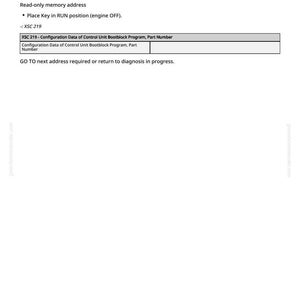 Op de afbeelding: Een wit document met zwarte tekst met configuratiegegevens voor een Control Unit Bootblock-programma. De tekst bevat instructies om de sleutel in de RUN-positie te plaatsen, motor UIT. Het document is gelabeld XSC 219.