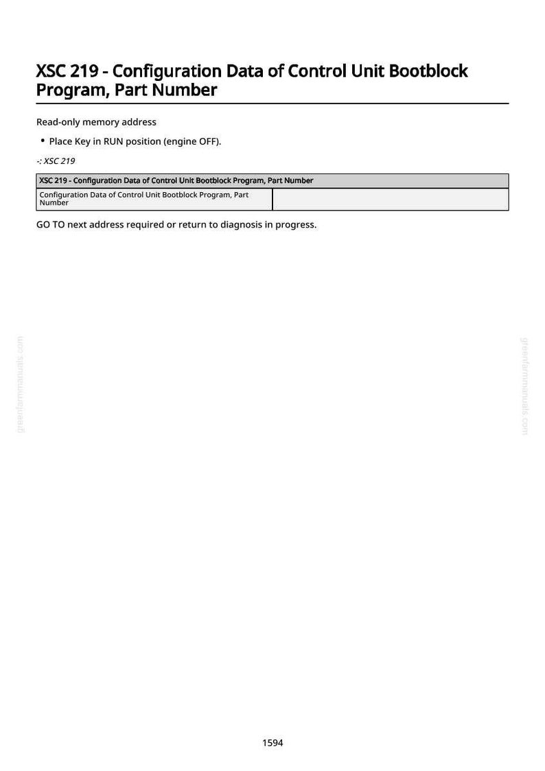 Op de afbeelding: Een wit document met zwarte tekst met configuratiegegevens voor een Control Unit Bootblock-programma. De tekst bevat instructies om de sleutel in de RUN-positie te plaatsen, motor UIT. Het document is gelabeld XSC 219.