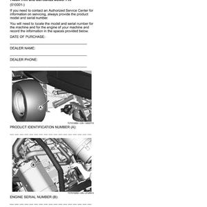 May include: A product identification document titled "Product Identification." It provides instructions for recording model and serial numbers for a 7400A Trim and Surrounds Mower PIN. Includes diagrams of the mower and engine for identification.