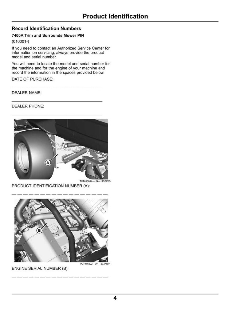 May include: A product identification document titled "Product Identification." It provides instructions for recording model and serial numbers for a 7400A Trim and Surrounds Mower PIN. Includes diagrams of the mower and engine for identification.