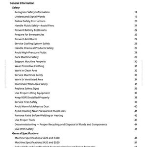 Puede incluir: Un detallado &iacute;ndice de un manual, con secciones sobre seguridad, informaci&oacute;n general y especificaciones de la m&aacute;quina. El texto es negro sobre fondo blanco, con n&uacute;meros de p&aacute;gina a la derecha.