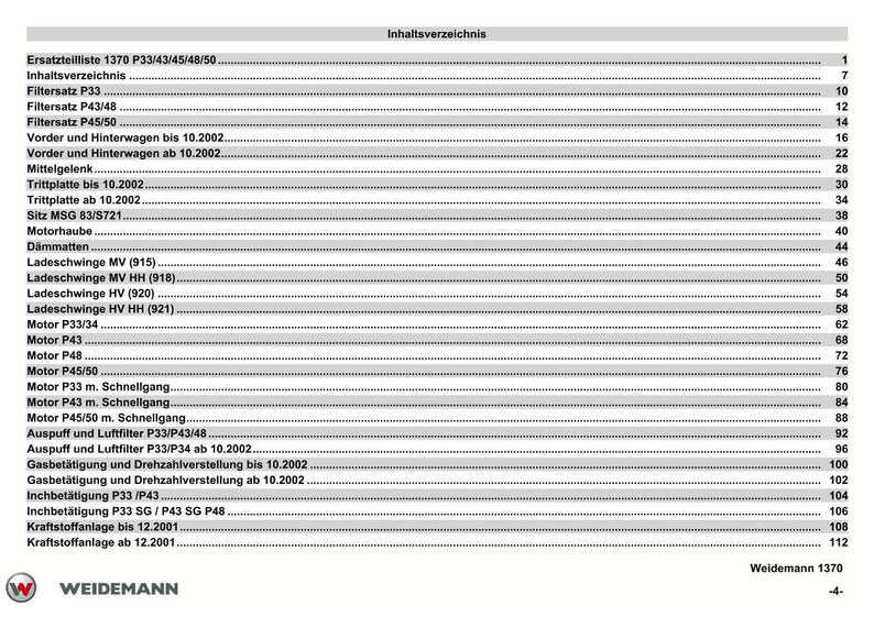 May include: A detailed table of contents from a Weidemann 1370 manual, featuring a list of parts and components. The text is in German, with entries like "Filtersatz P33" and "Motor P43". The document is printed on white paper.