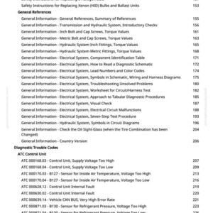 Może przedstawiać: Wydrukowana strona z instrukcji z indeksem. Tekst zawiera tematy takie jak "Servicing Electronic Control Units" i "Diagnostic Trouble Codes". Numery stron są wymienione po prawej stronie.