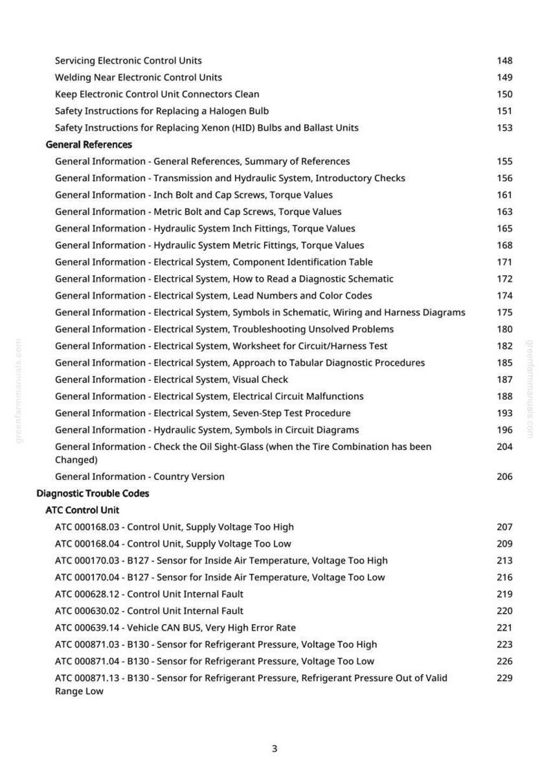 Może przedstawiać: Wydrukowana strona z instrukcji z indeksem. Tekst zawiera tematy takie jak "Servicing Electronic Control Units" i "Diagnostic Trouble Codes". Numery stron są wymienione po prawej stronie.