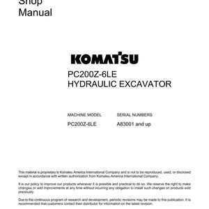 May include: A white shop manual with the Komatsu logo and text for the PC200Z-6LE Hydraulic Excavator. The manual includes the machine model, serial numbers, and copyright information.