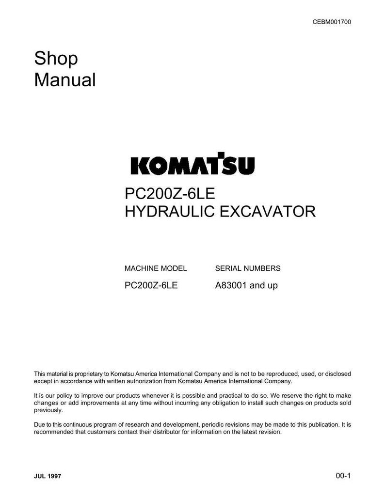 May include: A white shop manual with the Komatsu logo and text for the PC200Z-6LE Hydraulic Excavator. The manual includes the machine model, serial numbers, and copyright information.