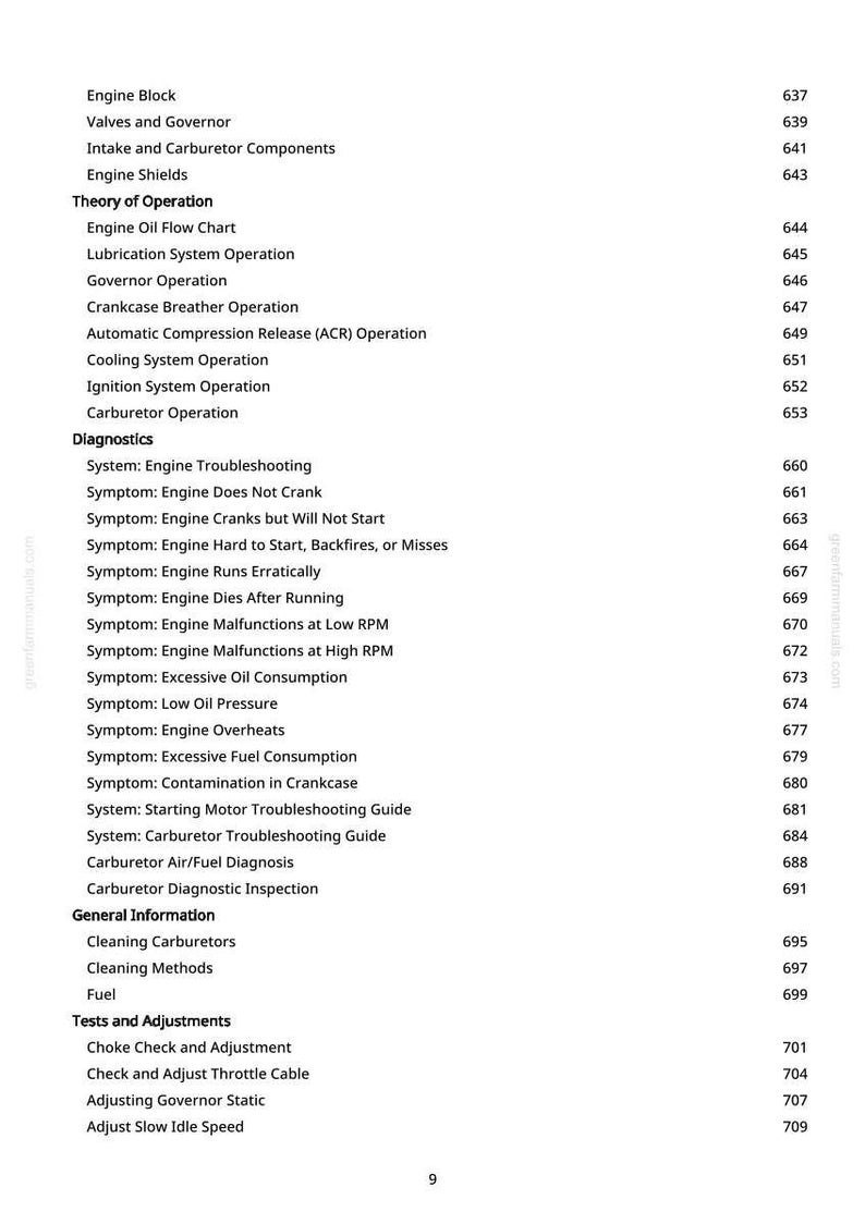 Pu&ograve; includere: Un sommario dettagliato di un manuale, che elenca argomenti relativi al motore. Le sezioni includono componenti del motore, teoria del funzionamento, diagnostica e test. Il testo &egrave; nero su sfondo bianco.
