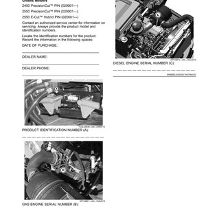 Op de afbeelding: Een productidentificatiepagina met tekst en afbeeldingen van motoronderdelen. De pagina bevat secties voor het registreren van identificatienummers, dealerinformatie en motornummer. De afbeeldingen tonen close-ups van motoronderdelen.