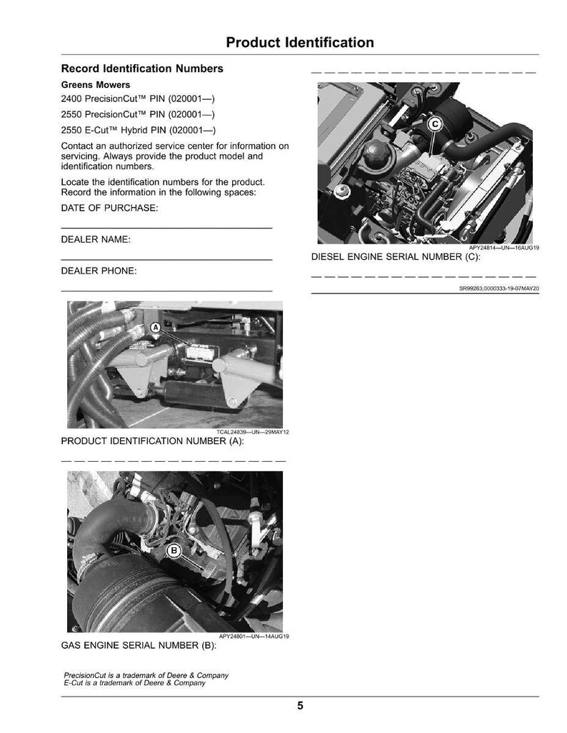 Op de afbeelding: Een productidentificatiepagina met tekst en afbeeldingen van motoronderdelen. De pagina bevat secties voor het registreren van identificatienummers, dealerinformatie en motornummer. De afbeeldingen tonen close-ups van motoronderdelen.