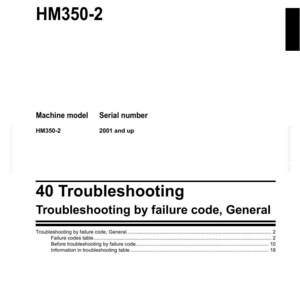 以下が含まれることがあります： HM350-2型アーティキュレートダンプトラックのショップマニュアル。故障コード別のトラブルシューティング情報、一般情報、故障コード表が含まれています。シリアル番号は2001年以降用です。