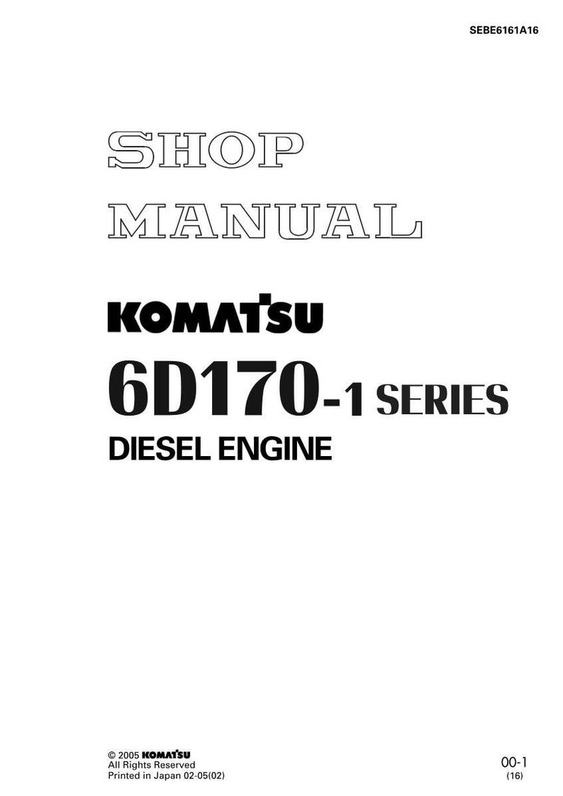 May include: A white page with the text "SHOP MANUAL" in a bold, outlined font. Below, the KOMATSU logo is displayed, followed by "6D170-1 SERIES DIESEL ENGINE" in a bold, sans-serif font. The bottom of the page includes copyright information.