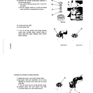 Może przedstawiać: Schemat techniczny z ponumerowanymi częściami i instrukcjami montażu. Zawiera ilustracje podkładek, sprężyn i kołk&oacute;w. Tekst zawiera instrukcje dotyczące montażu bloku cylindr&oacute;w i doboru podkładek. Schemat oznaczony numerem 30-15-16.