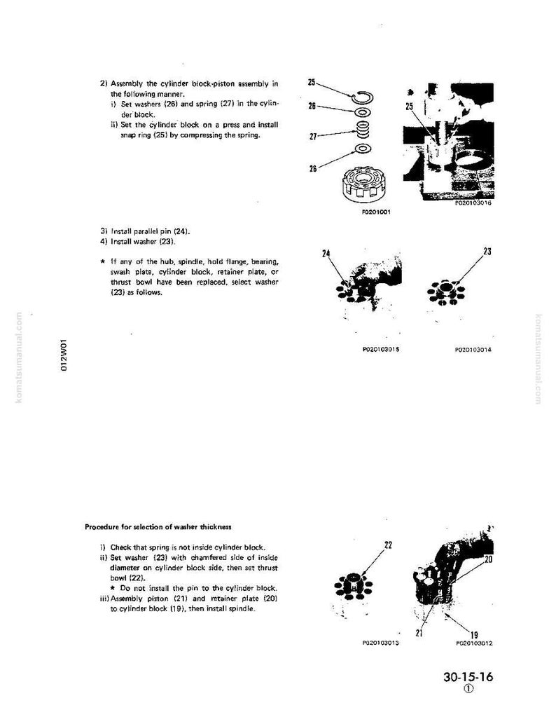 Może przedstawiać: Schemat techniczny z ponumerowanymi częściami i instrukcjami montażu. Zawiera ilustracje podkładek, sprężyn i kołk&oacute;w. Tekst zawiera instrukcje dotyczące montażu bloku cylindr&oacute;w i doboru podkładek. Schemat oznaczony numerem 30-15-16.