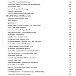 May include: A page from a manual with a list of automotive repair procedures, including disassembly and assembly instructions for various transmission components. The text is black on a white background, with page numbers on the right.