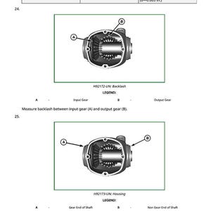 Op de afbeelding: Diagram van een mechanisch onderdeel met gelabelde onderdelen, inclusief ingaande en uitgaande tandwielen. Tekst geeft instructies voor het meten en aanpassen van de speling en speling, met specificaties in millimeters.