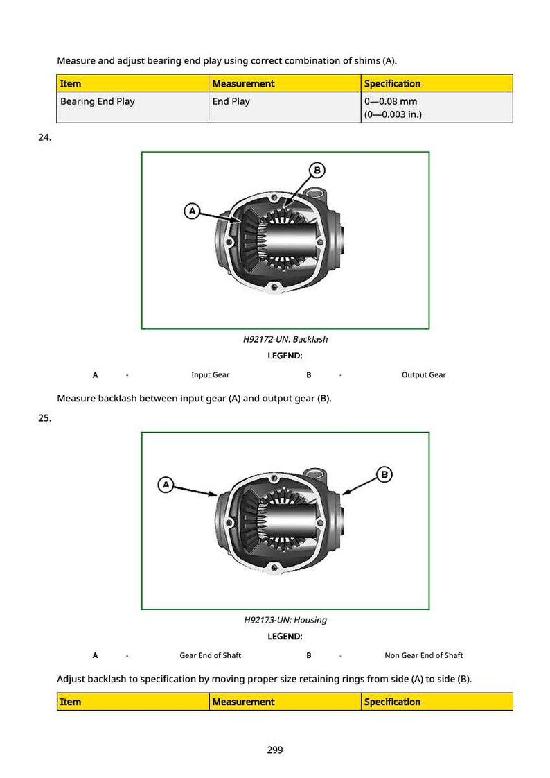 Op de afbeelding: Diagram van een mechanisch onderdeel met gelabelde onderdelen, inclusief ingaande en uitgaande tandwielen. Tekst geeft instructies voor het meten en aanpassen van de speling en speling, met specificaties in millimeters.
