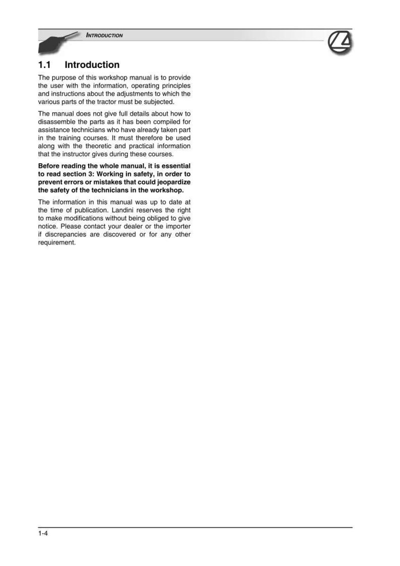 May include: A page from a workshop manual with the title "Introduction" and section 1.1. The text describes the manual's purpose, which is to provide information on tractor adjustments. It also emphasizes safety and the importance of reading the manual.