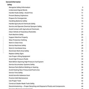 Pu&ograve; includere: Una pagina bianca con un sommario nero. La tabella elenca argomenti di sicurezza come la manipolazione dei fluidi, la prevenzione delle esplosioni e la manutenzione delle macchine. La pagina ha una filigrana greenfarmmanuals.com.