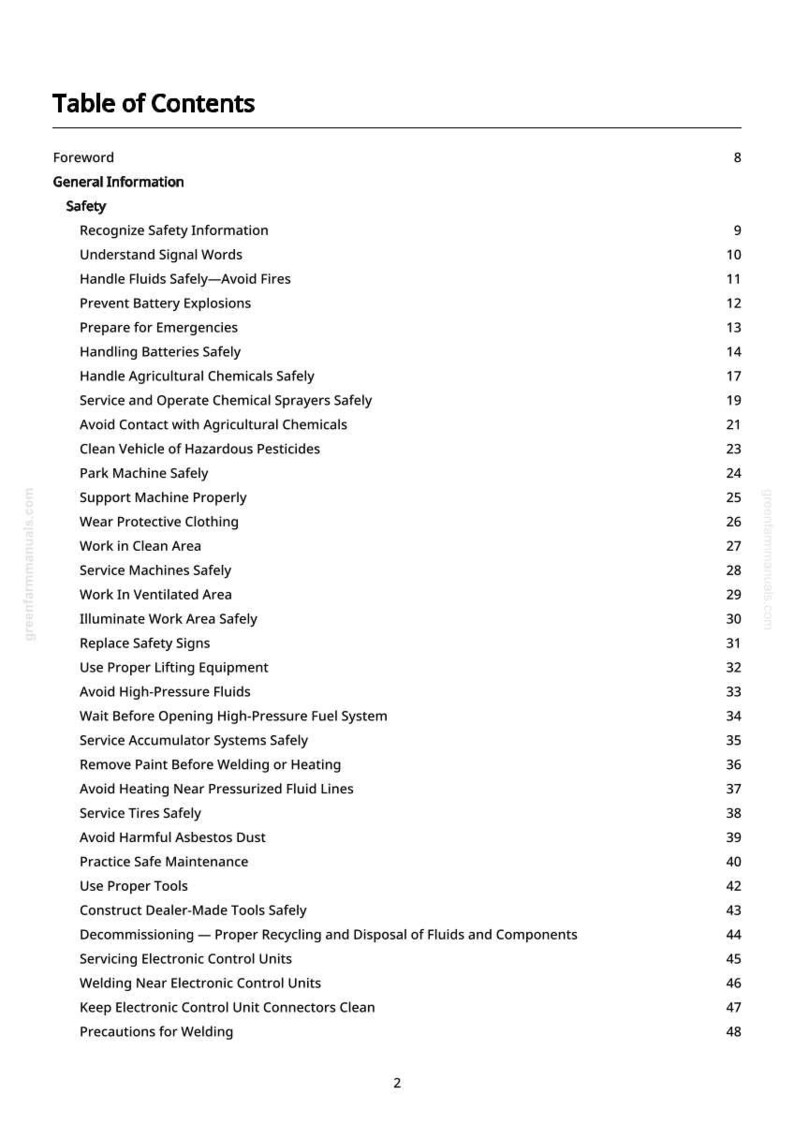 Pu&ograve; includere: Una pagina bianca con un sommario nero. La tabella elenca argomenti di sicurezza come la manipolazione dei fluidi, la prevenzione delle esplosioni e la manutenzione delle macchine. La pagina ha una filigrana greenfarmmanuals.com.
