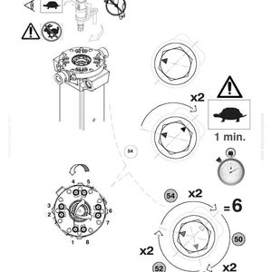 Op de afbeelding: Technische tekening met mechanische componenten, waaronder een centrale assemblage met meerdere poorten en genummerde posities. Het diagram bevat symbolen, pijlen en een stopwatch die 1 minuut aangeeft. Komatsu-logo en modelinformatie onderaan.