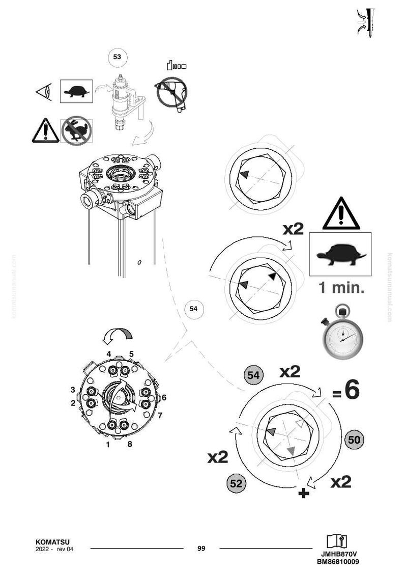 Op de afbeelding: Technische tekening met mechanische componenten, waaronder een centrale assemblage met meerdere poorten en genummerde posities. Het diagram bevat symbolen, pijlen en een stopwatch die 1 minuut aangeeft. Komatsu-logo en modelinformatie onderaan.
