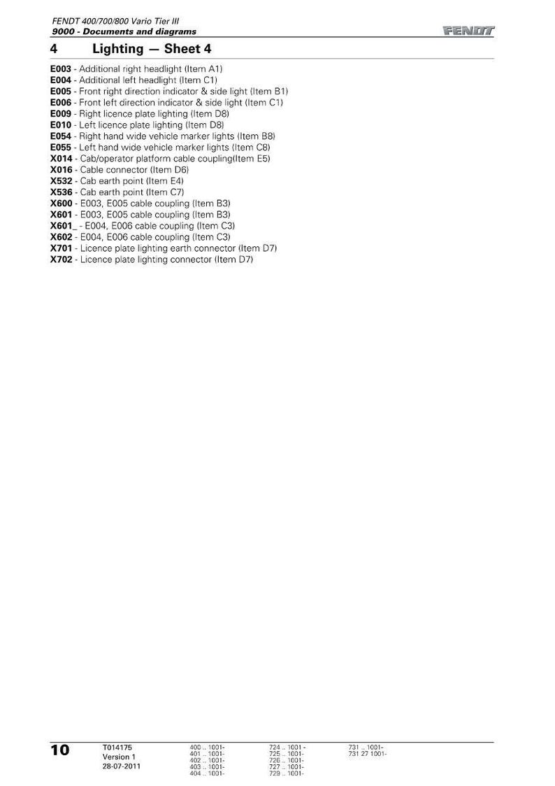 Op de afbeelding: Een pagina uit een Fendt 400/700/800 Vario Tier III document, met details over verlichtingscomponenten. Bevat artikelnummers en beschrijvingen voor koplampen, indicatoren, markeringslichten en kabelkoppelingen. Het document is gedateerd 28-07-2011.