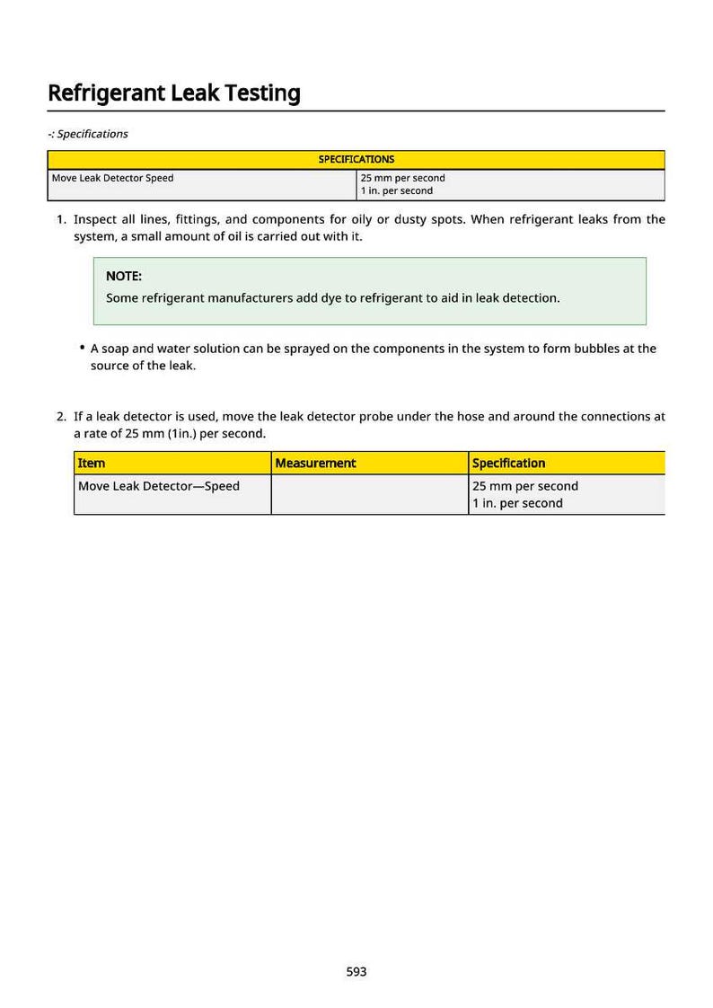 May include: A white document titled "Refrigerant Leak Testing" with instructions and specifications for leak detection. Includes a table with measurements of 25 mm per second and 1 in. per second.