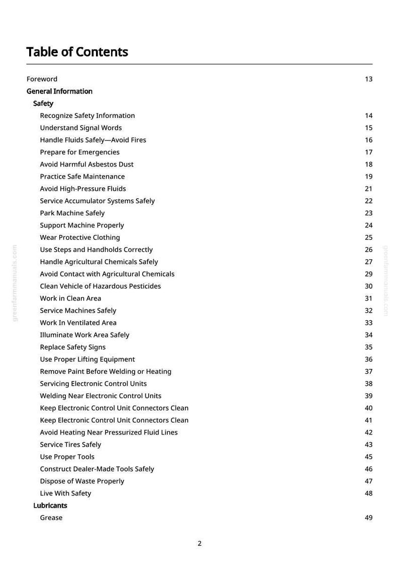 May include: A white page titled "Table of Contents" from a manual. The text lists safety topics such as "Recognize Safety Information", "Avoid Harmful Asbestos Dust", and "Service Tires Safely".