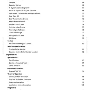 May include: A white-backgrounded page from a manual with a table of contents. The text includes sections on gasoline, engine oil, lubricants, and engine specifications. Page numbers are listed on the right.