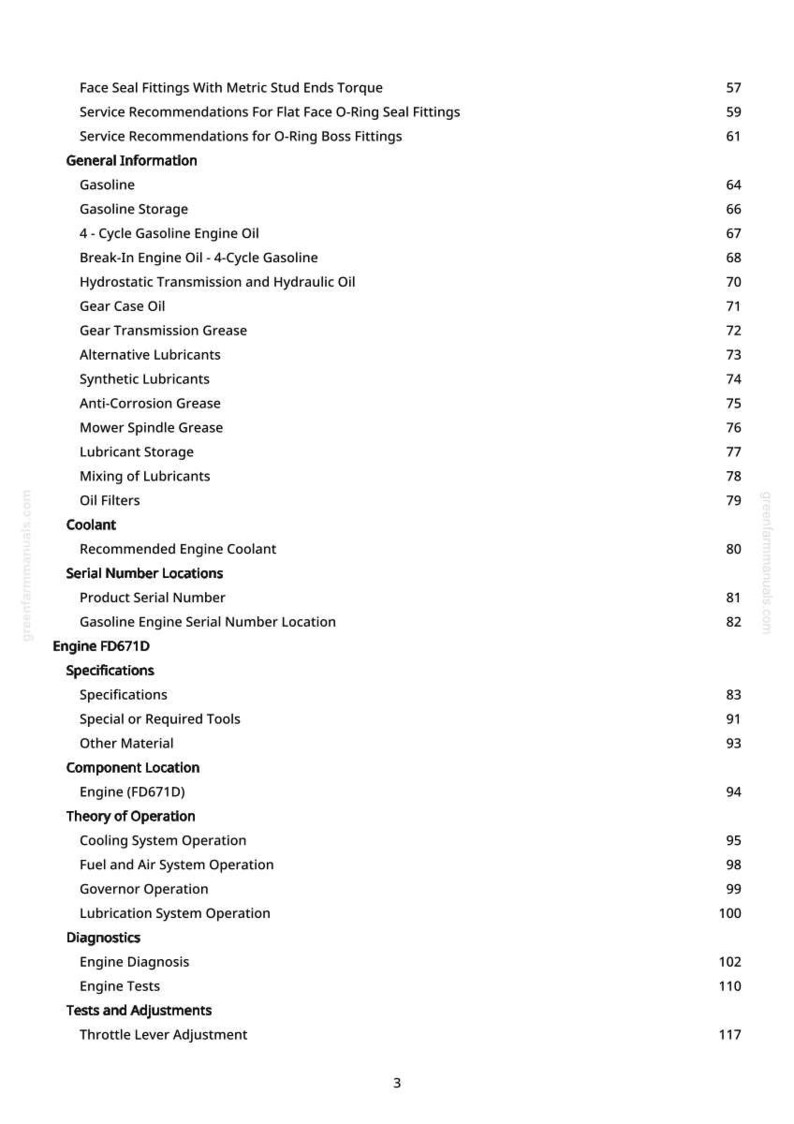 May include: A white-backgrounded page from a manual with a table of contents. The text includes sections on gasoline, engine oil, lubricants, and engine specifications. Page numbers are listed on the right.