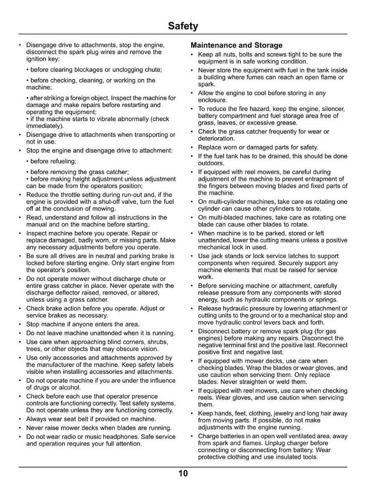 May include: A page from a safety manual with the title "Safety" at the top. The text provides instructions for the safe operation and maintenance of machinery, including warnings about fuel, blades, and moving parts. The page number "10" is in the bottom right corner.