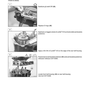 May include: Technical diagram showing the assembly of a transmission housing. The image includes step-by-step instructions with illustrations, including replacing O-rings and applying Loctite. Text in the image provides guidance for the assembly process.