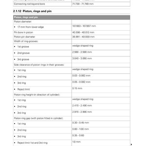 May include: A detailed technical specification sheet for engine components, including connecting rods, pistons, rings, and pins. Measurements are provided in millimeters, with specific dimensions for various parts like piston diameter and ring grooves.