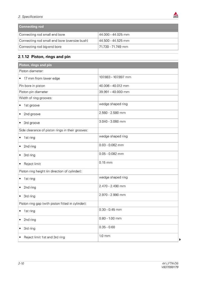 May include: A detailed technical specification sheet for engine components, including connecting rods, pistons, rings, and pins. Measurements are provided in millimeters, with specific dimensions for various parts like piston diameter and ring grooves.