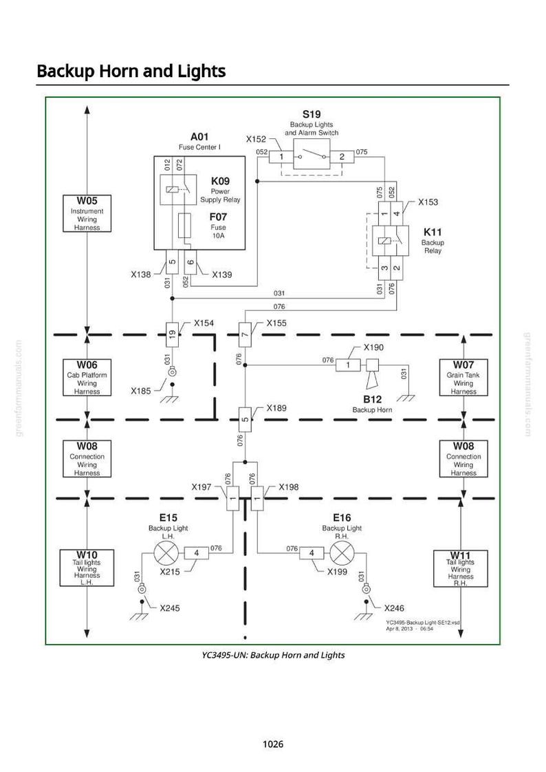 Puede incluir: Diagrama de un sistema de bocina y luces de marcha atr&aacute;s, con componentes como fusibles, rel&eacute;s y mazos de cables. El esquema incluye etiquetas para luces de marcha atr&aacute;s, interruptor de alarma y luces traseras. El diagrama est&aacute; etiquetado como "YC3495-UN: Backup Horn and Lights."