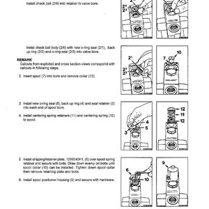 May include: Diagram illustrating the assembly of a control valve, featuring detailed instructions and accompanying illustrations. The image provides a step-by-step guide for installing components like check balls, o-rings, and retainers. Text labels and callouts identify parts.