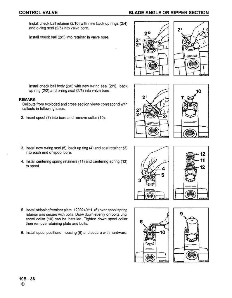 May include: Diagram illustrating the assembly of a control valve, featuring detailed instructions and accompanying illustrations. The image provides a step-by-step guide for installing components like check balls, o-rings, and retainers. Text labels and callouts identify parts.