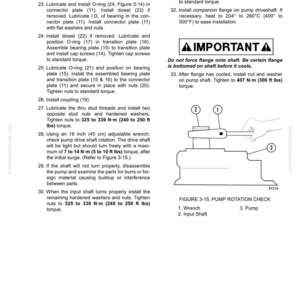 Pode incluir: P&aacute;gina de um manual de reparo de componentes hidr&aacute;ulicos com texto e diagramas. O diagrama mostra uma verifica&ccedil;&atilde;o da rota&ccedil;&atilde;o da bomba com uma chave, um eixo de entrada e uma bomba. O texto inclui instru&ccedil;&otilde;es e especifica&ccedil;&otilde;es de torque.