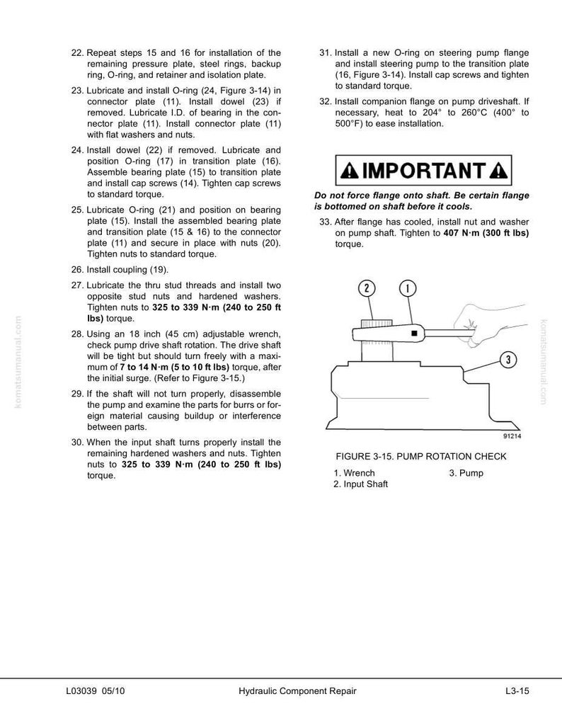 Pode incluir: P&aacute;gina de um manual de reparo de componentes hidr&aacute;ulicos com texto e diagramas. O diagrama mostra uma verifica&ccedil;&atilde;o da rota&ccedil;&atilde;o da bomba com uma chave, um eixo de entrada e uma bomba. O texto inclui instru&ccedil;&otilde;es e especifica&ccedil;&otilde;es de torque.