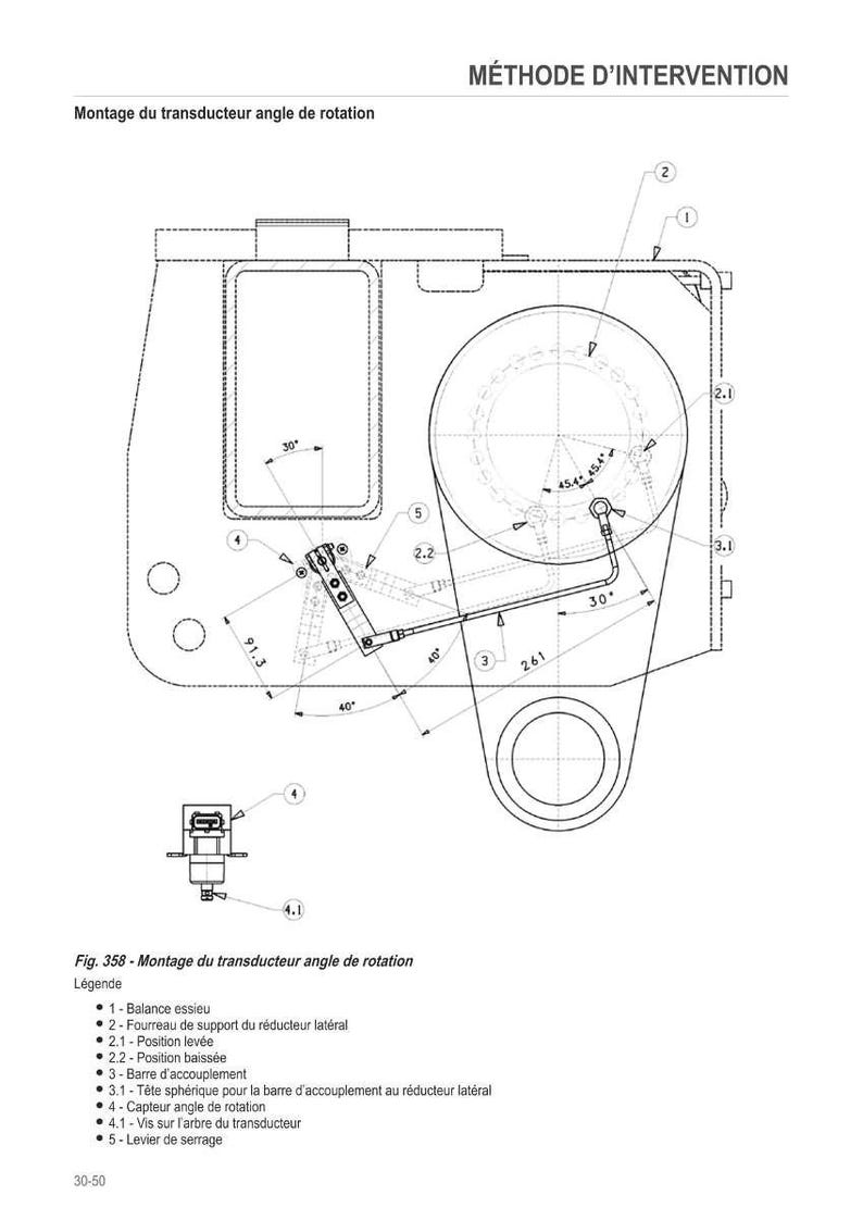 Pu&ograve; includere: Diagramma tecnico intitolato "M&Eacute;THODE D'INTERVENTION" e "Montage du transducteur angle de rotation". Il diagramma mostra componenti meccanici con etichette e misure in gradi e millimetri.
