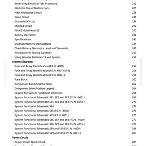 May include: A white page with a detailed table of contents for an electrical system manual. The text includes topics like wiring diagrams, schematics, and circuit malfunctions. The page numbers are on the right.