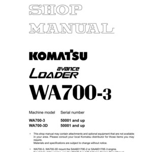 May include: A white shop manual with the Komatsu logo and WA700-3 model information. The manual includes text about machine models, serial numbers, and engine details. The document is printed in Japan.