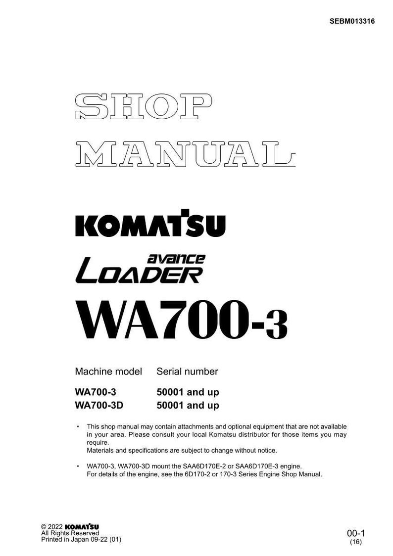 May include: A white shop manual with the Komatsu logo and WA700-3 model information. The manual includes text about machine models, serial numbers, and engine details. The document is printed in Japan.