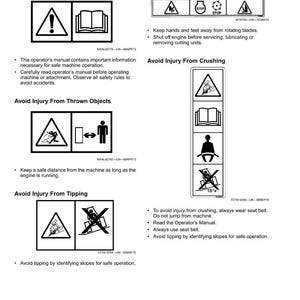 May include: A page of safety labels with no text, featuring warning symbols and instructions. The labels cover topics like reading the operator's manual, avoiding injury from revolving blades, thrown objects, crushing, and tipping.